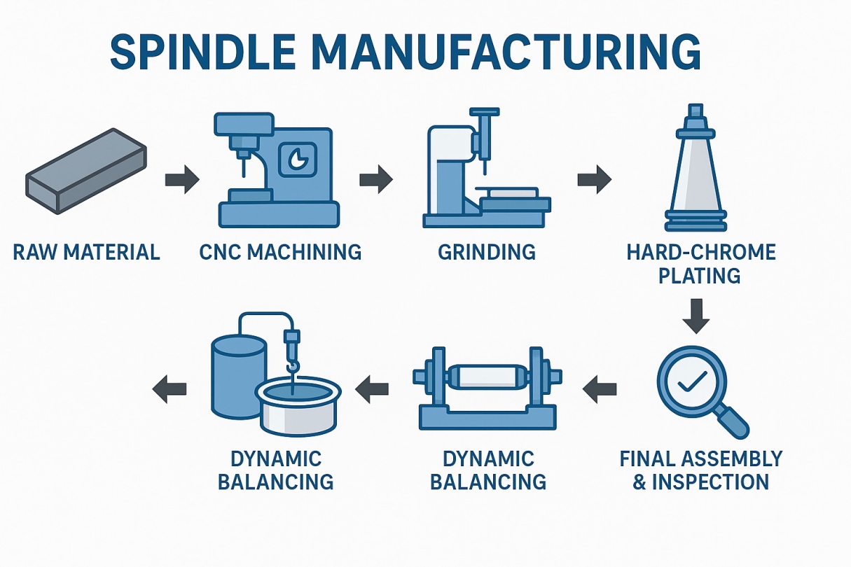 Rudra Technologies spindle manufacturing process – CNC machining, grinding, hard-chrome plating, dynamic balancing
